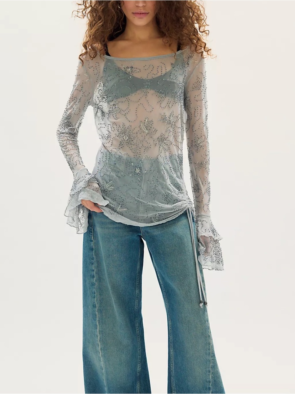 Free People One Night Out Long Sleeve Embellished Top